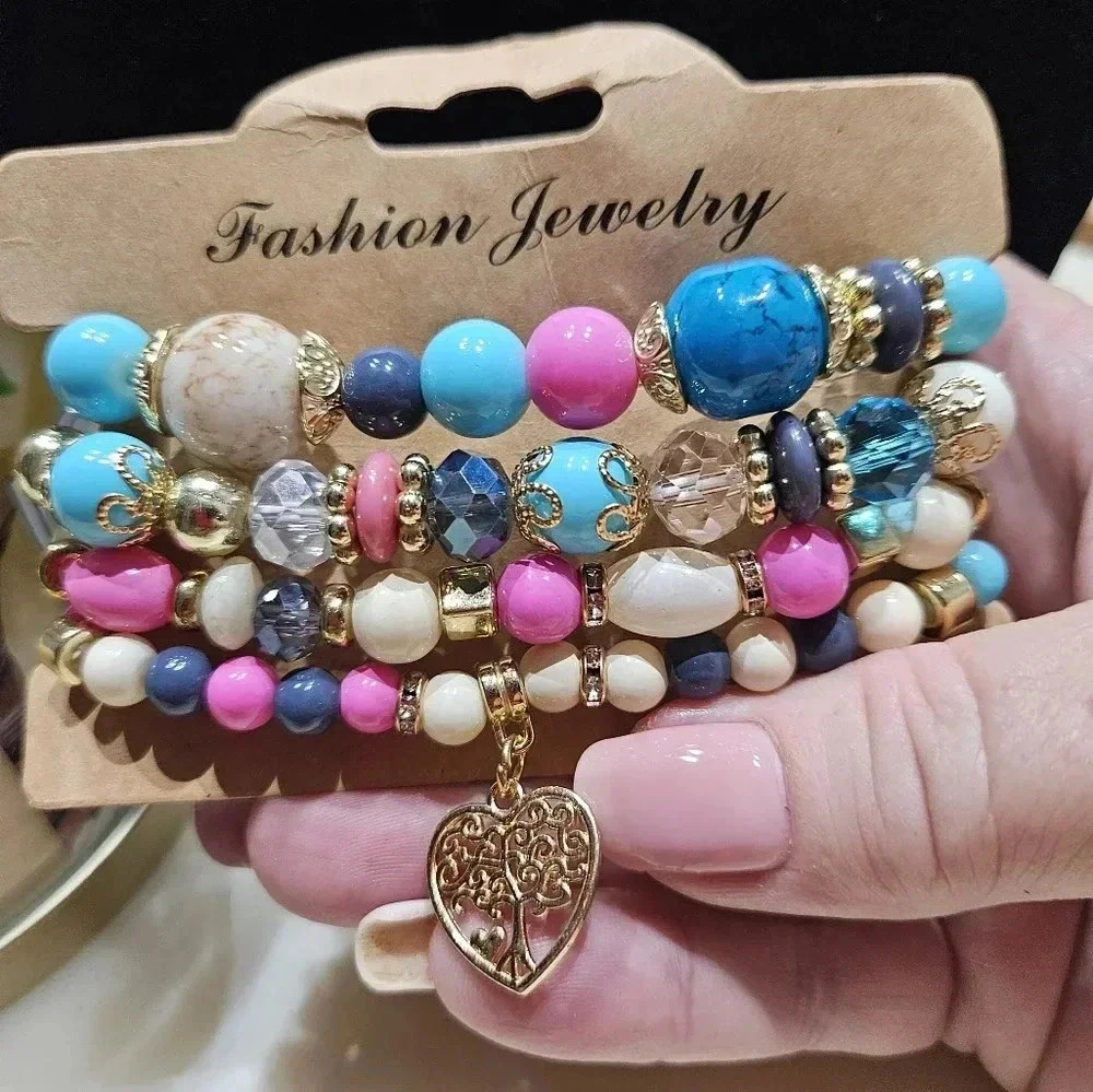 Set of 4 Bohemien stretch bracelets, pink and blue. Tree of life. - Picture 2 of 3